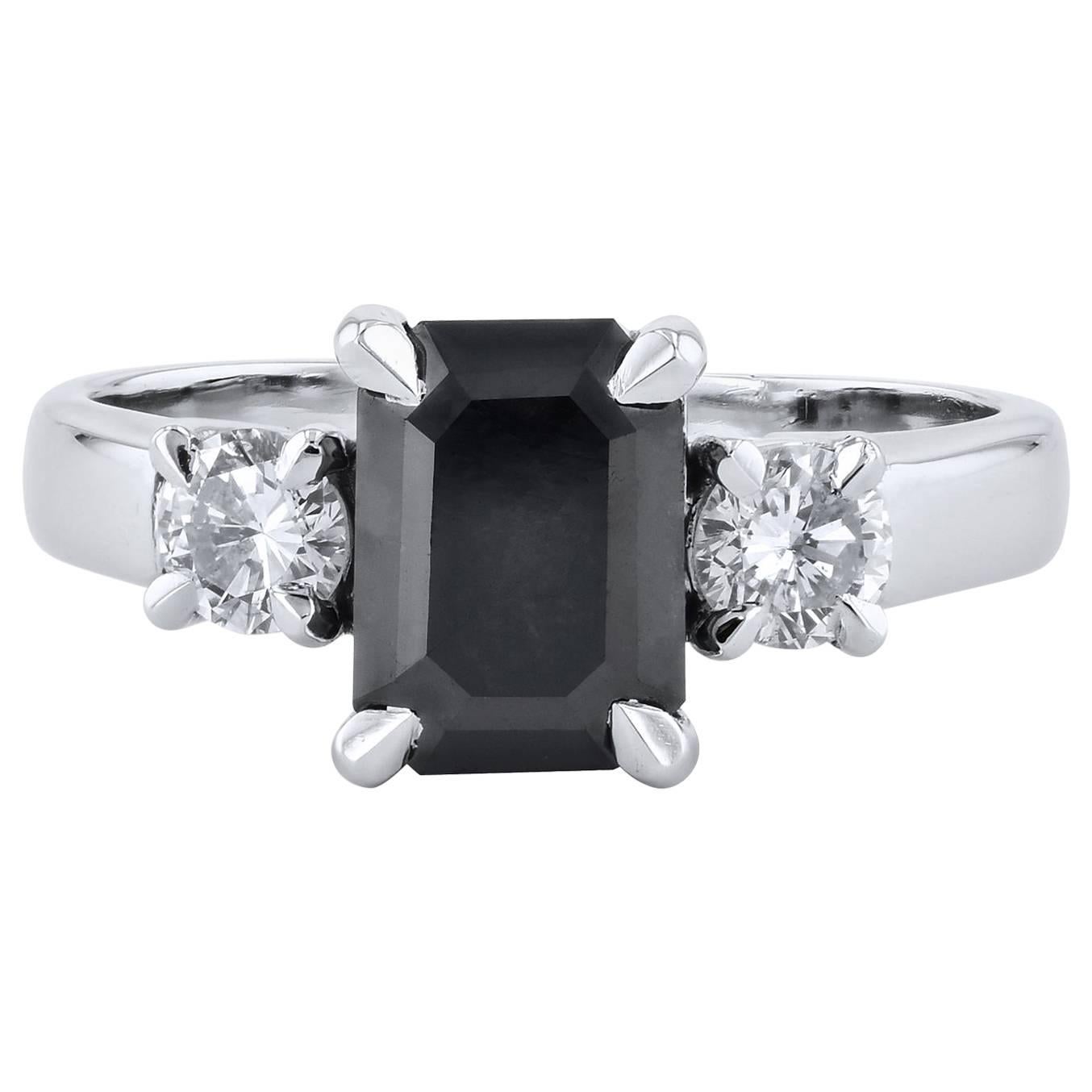 2.34 Carat Emerald Cut Black Diamond Engagement Ring Handmade by H&H Jewels 