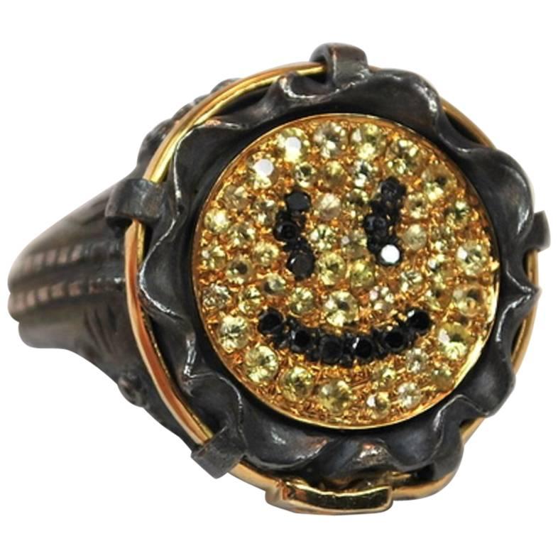 Black Diamond and Yellow Sapphire Smiley Face Fashion Jean Ring For Sale