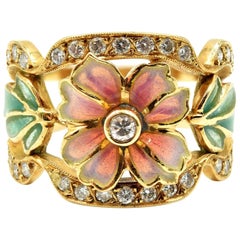 Masriera Designer Diamond and Enamel Floral Ring 18 Karat Yellow Gold