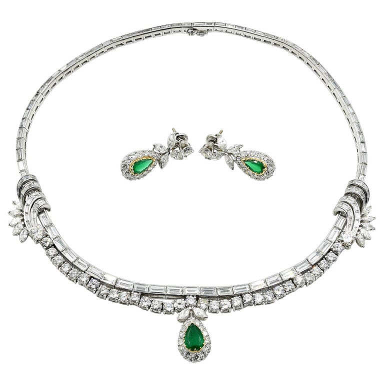 Magnificent Faux Diamond Emerald Necklace Earring Set at 1stdibs