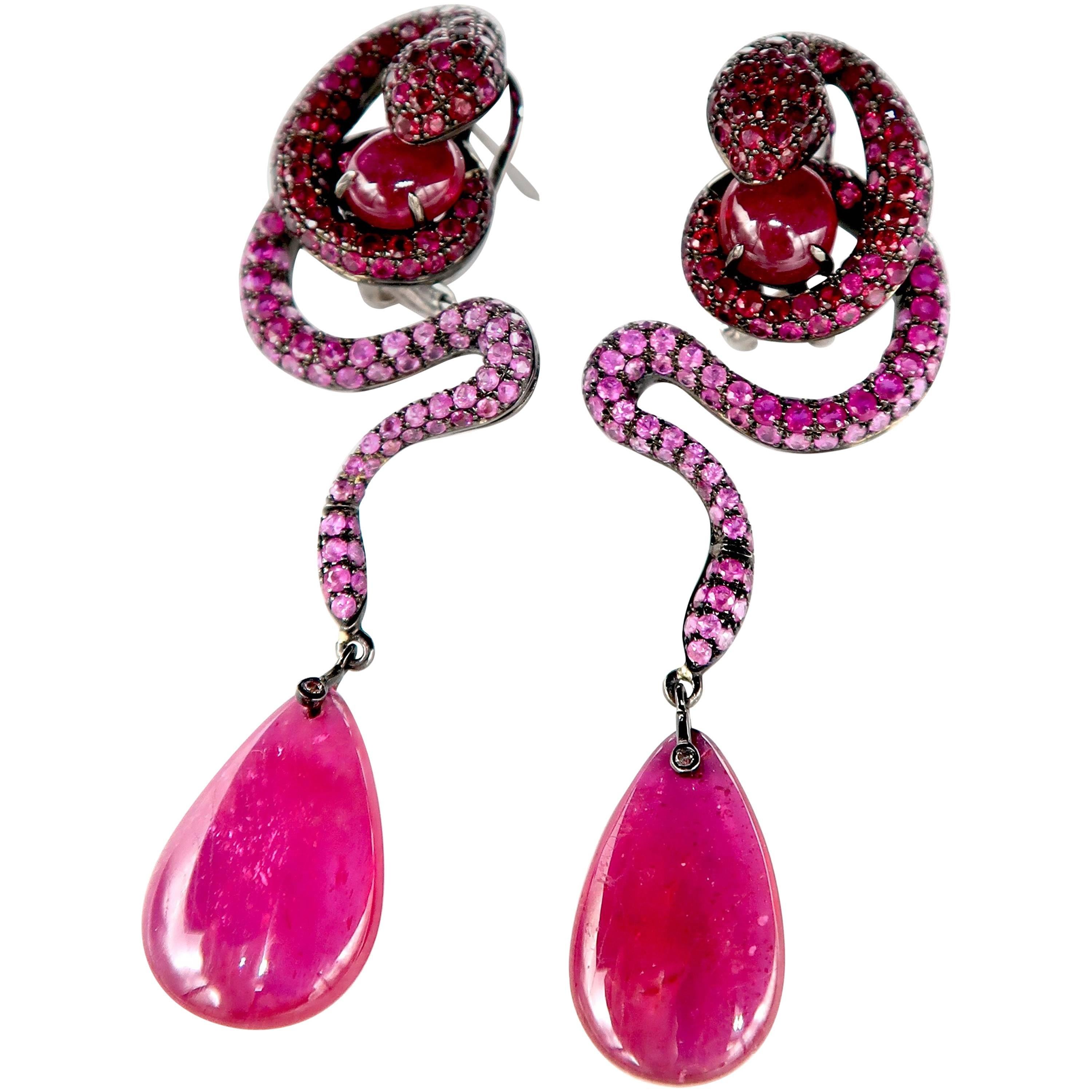 Serpent Snake 27.72 Carat All Ruby Only Gold Dangle Drop Earrings
