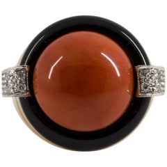 Mediterranean Red Coral Onyx Diamond Yellow Gold Cocktail Ring