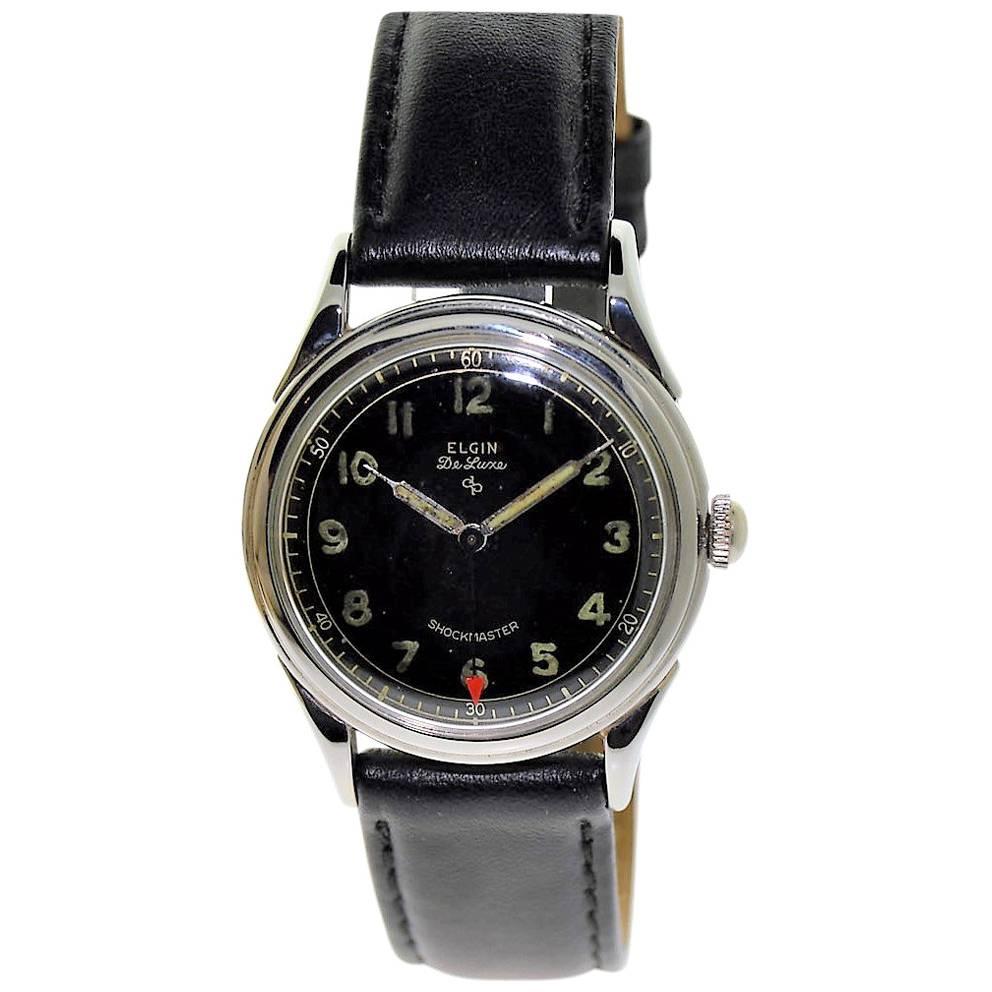 Elgin Stainless Steel Art Deco Round Military Style Manual Watch