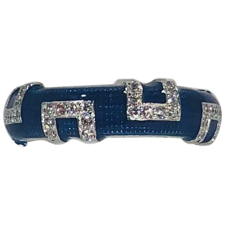 Hidalgo 18 Karat White Gold and Diamond with Bright Blue Enamel Band Ring