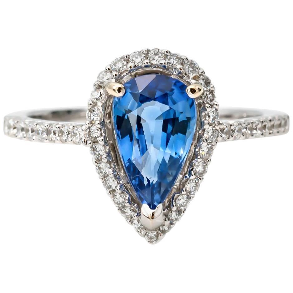 Sapphire Pear Shape and Diamond Halo Engagement Ring