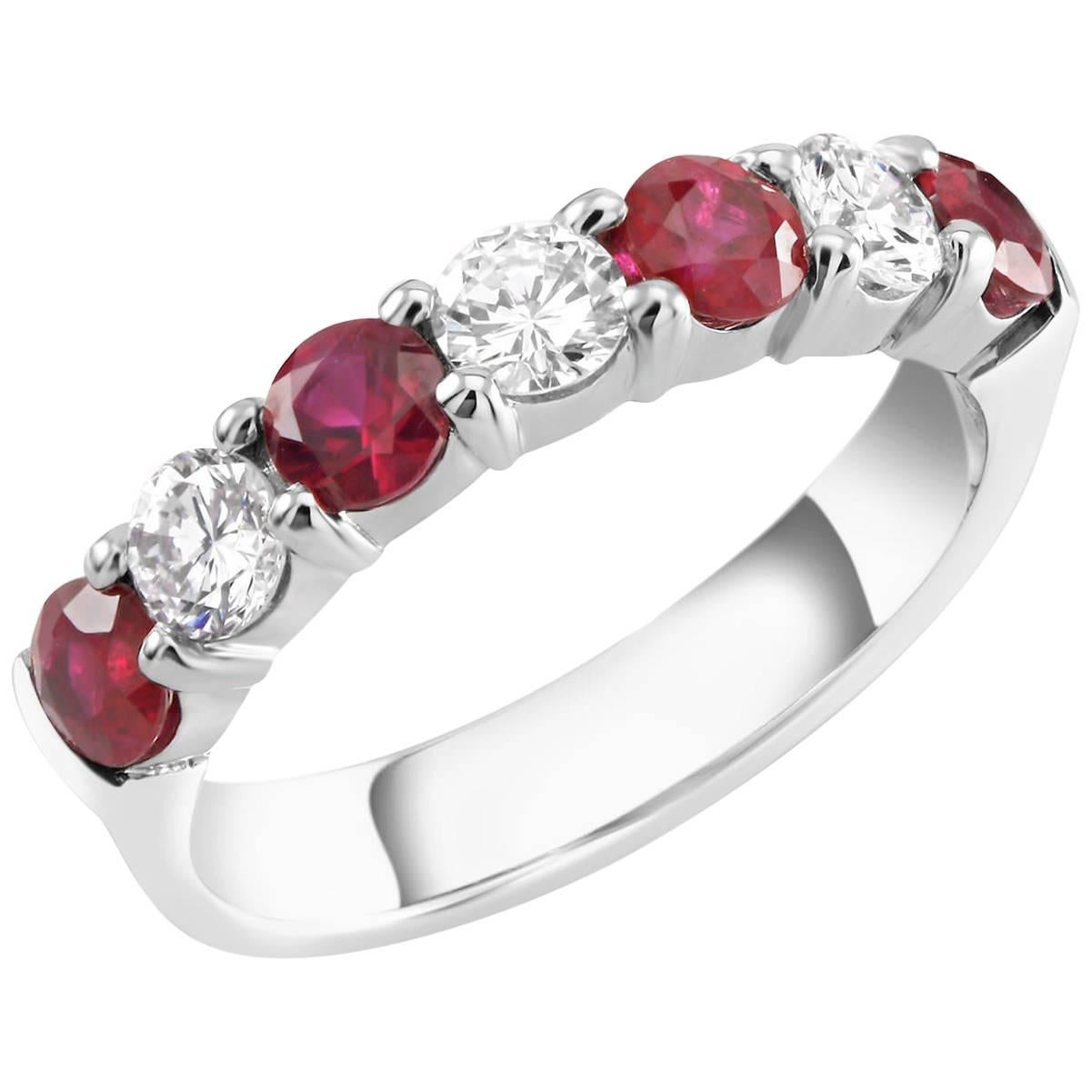 Platinum Diamond Ruby Seven Stone 1.30 Carat Prong Set Ring Size 7