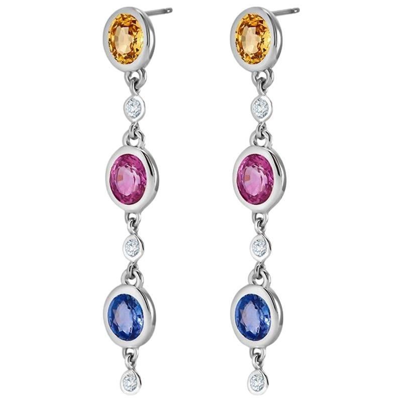 Two Inch Long Pink Blue Yellow Sapphire Diamond Gold Earrings Weighing 6 Carat