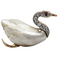 Victorian Edwardian Carved Pearl Swan Ring Diamond Eternity Band 14 Karat