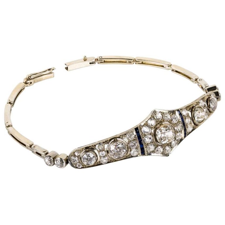 1920s Art Deco Diamond Sapphire and Platinum Bracelet at 1stDibs