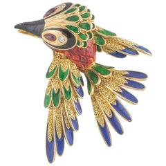 Asprey Gold Diamond, Ruby and Enamel Woodpecker Brooch