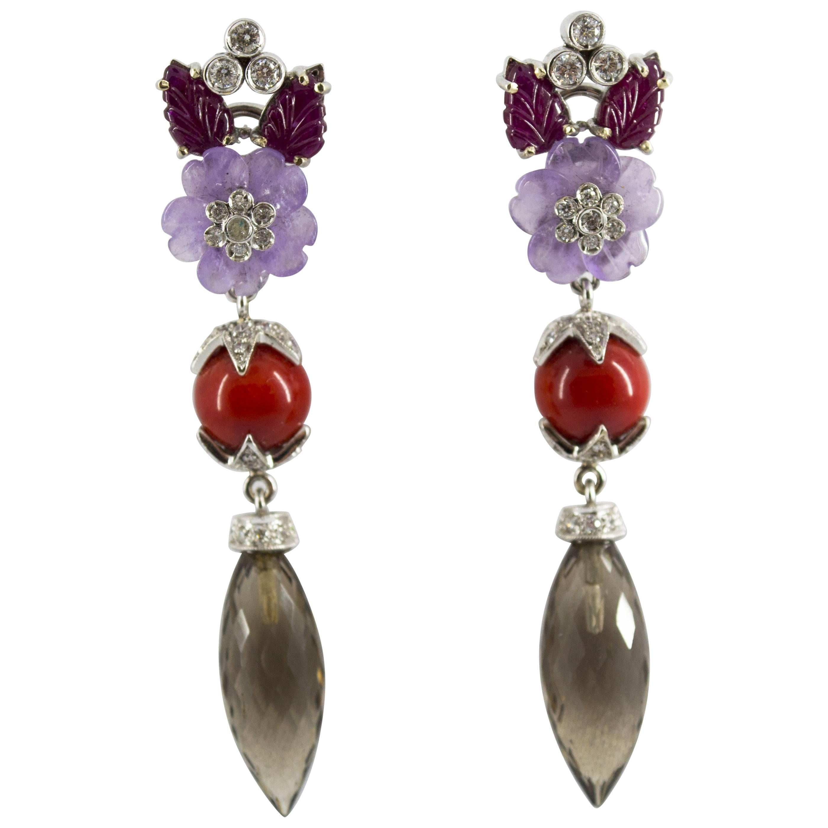 Pendientes de oro blanco con clip Rubí de 4,30 quilates Diamante de 1,10 quilates Ágata Cuarzo Fume