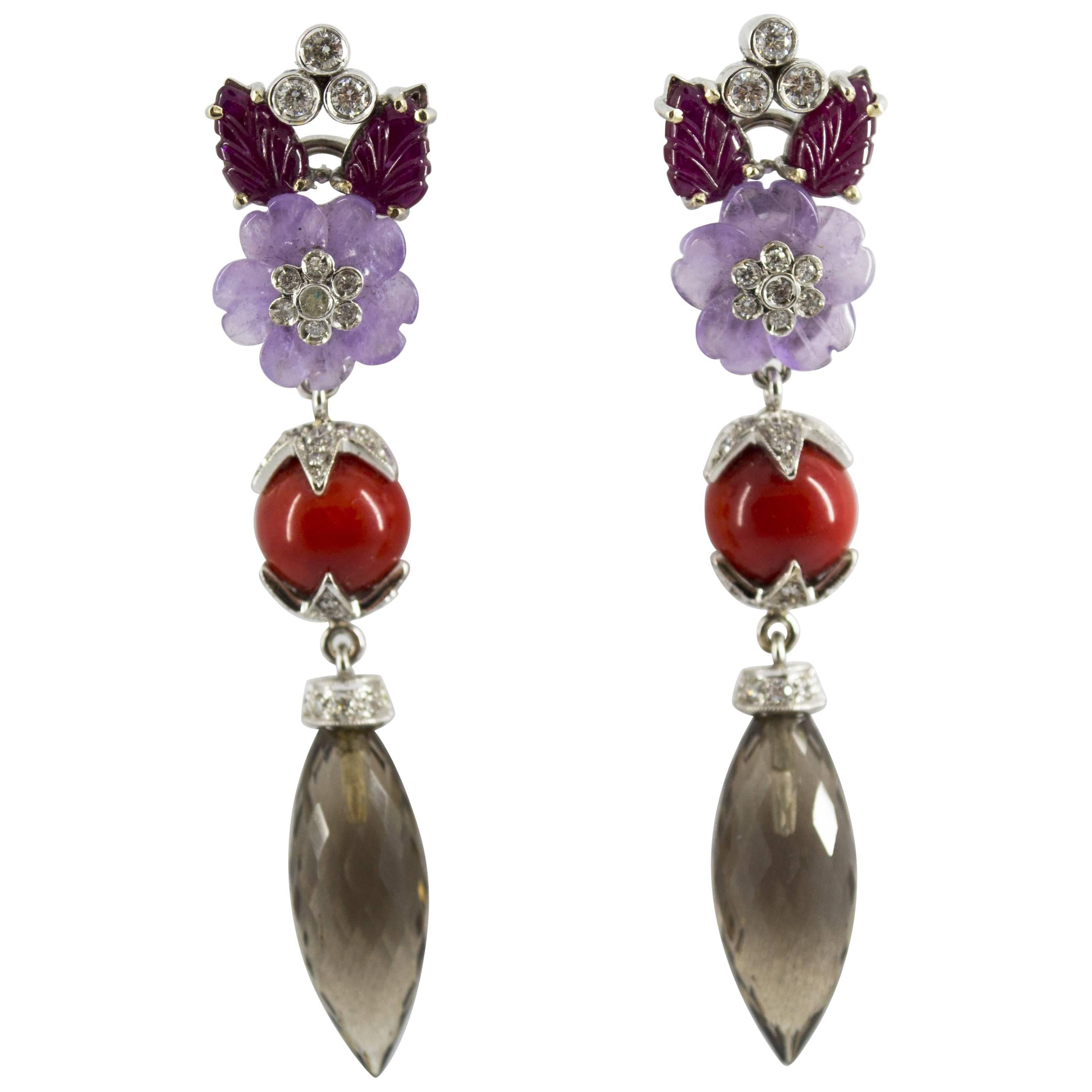 4.30 Carat Ruby 1.10 Carat Diamond Agate Fume Quartz White Gold Clip-On Earrings For Sale