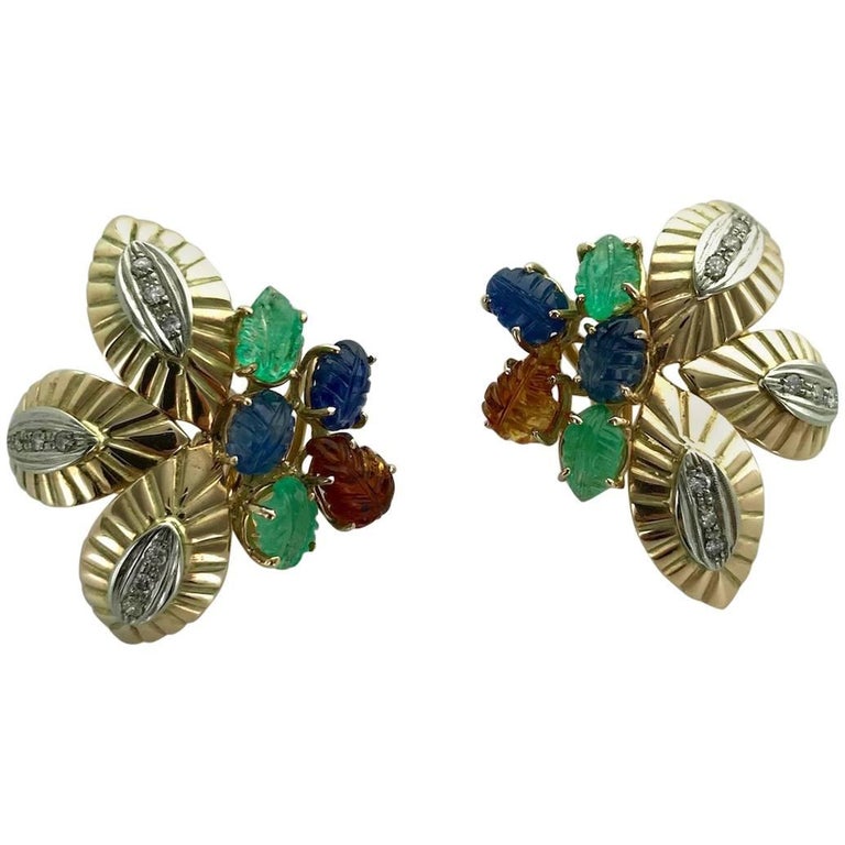 Multigem Engraved Leaves Yellow and White Gold Earrings Earclips For ...