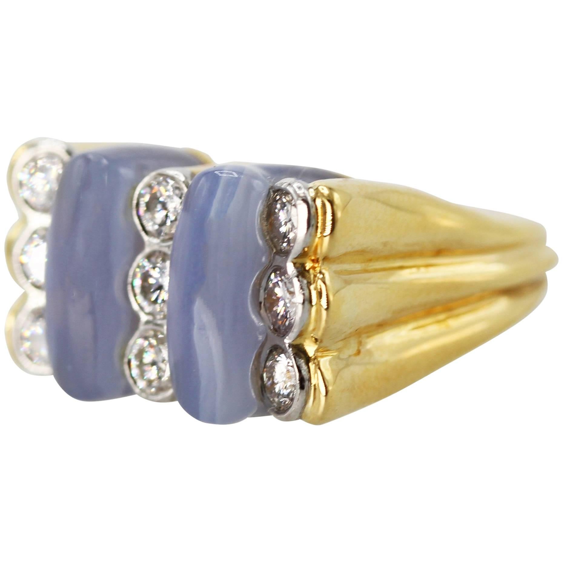 Carvin French Blue Agate, Diamond and Gold Ring For Sale