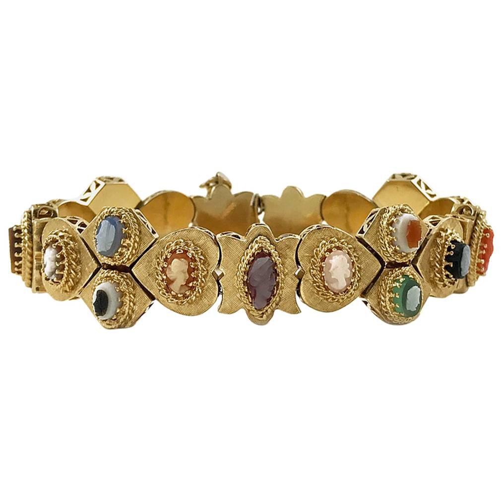 Victorian Revival 14 Karat Gold Cameo Slide Bracelet For Sale