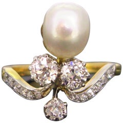 Art Nouveau Natural Pearl Diamond Duchess Platinum Engagement Ring