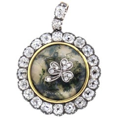 Antique Old Mine Cut Diamond Gold Dendritic Agate Clover Pendant