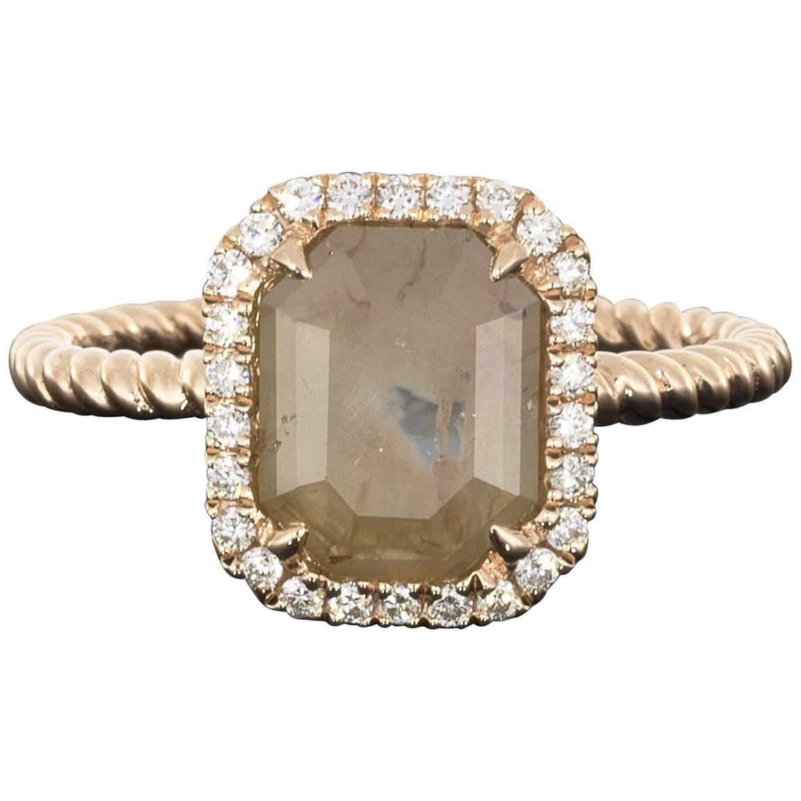 1.56 Carat Reddish Mocha Brown Emerald Diamond Halo Engagement Ring For Sale