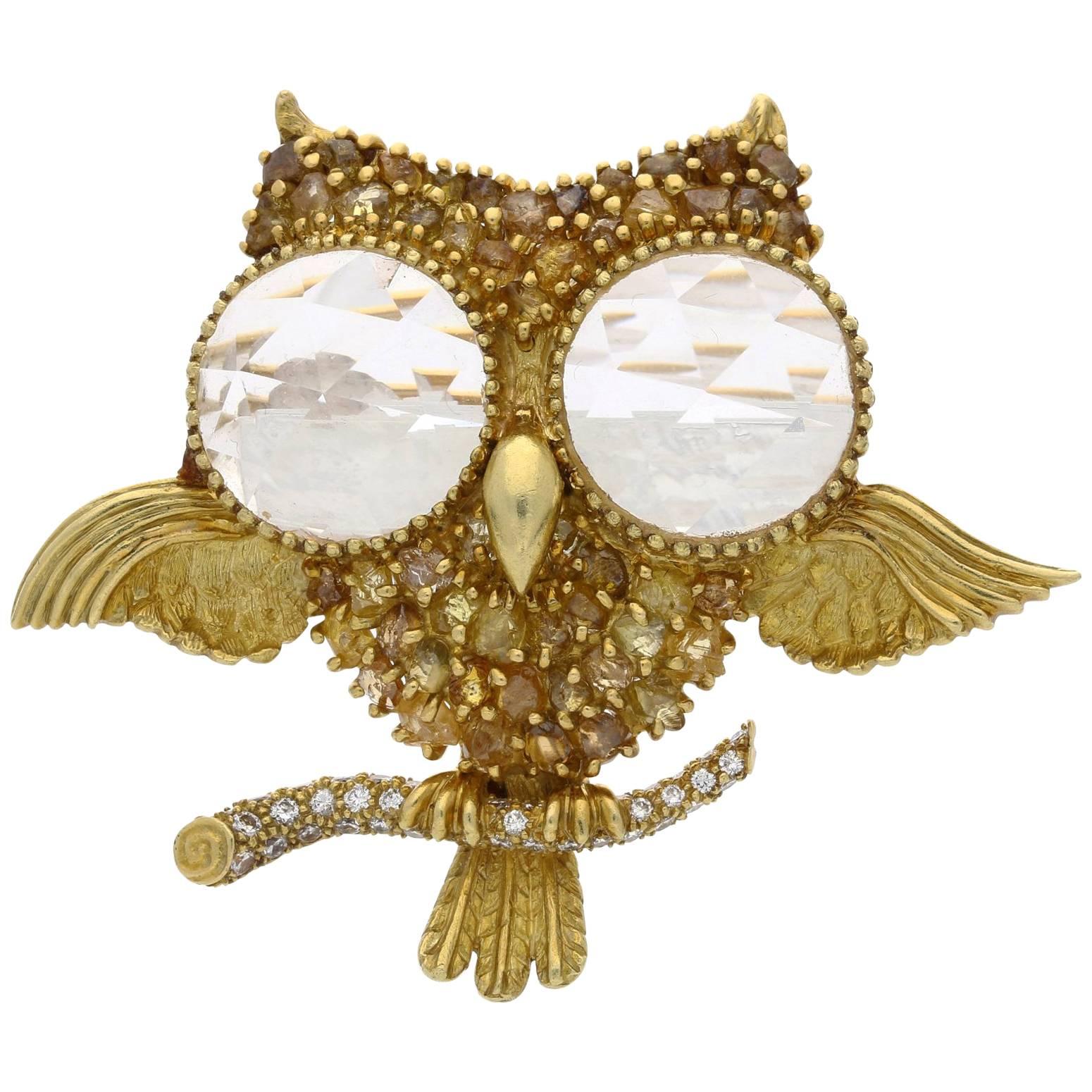 Julius Cohen Gold, Rough Diamond and Rose-cut Rock Crystal Owl Brooch  c1960s