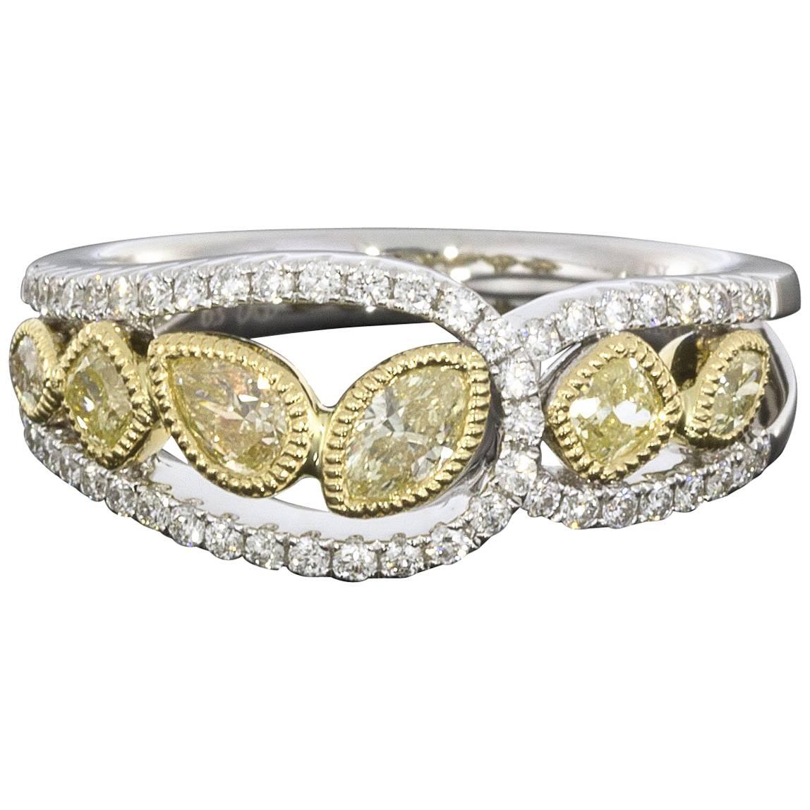 .89 Carat Canary Yellow and White Diamond Multi Shapes Geometric Band Ring For Sale