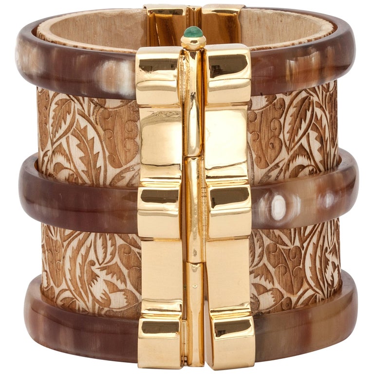 Fouche Cuff Bracelet Horn Emerald Wood For Sale