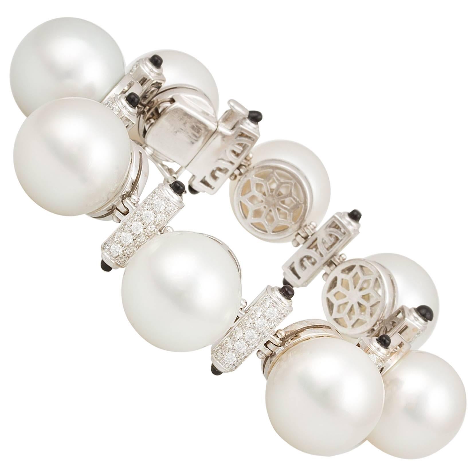 Ella Gafter South Sea Pearl Diamond Onyx Cuff Bracelet  For Sale