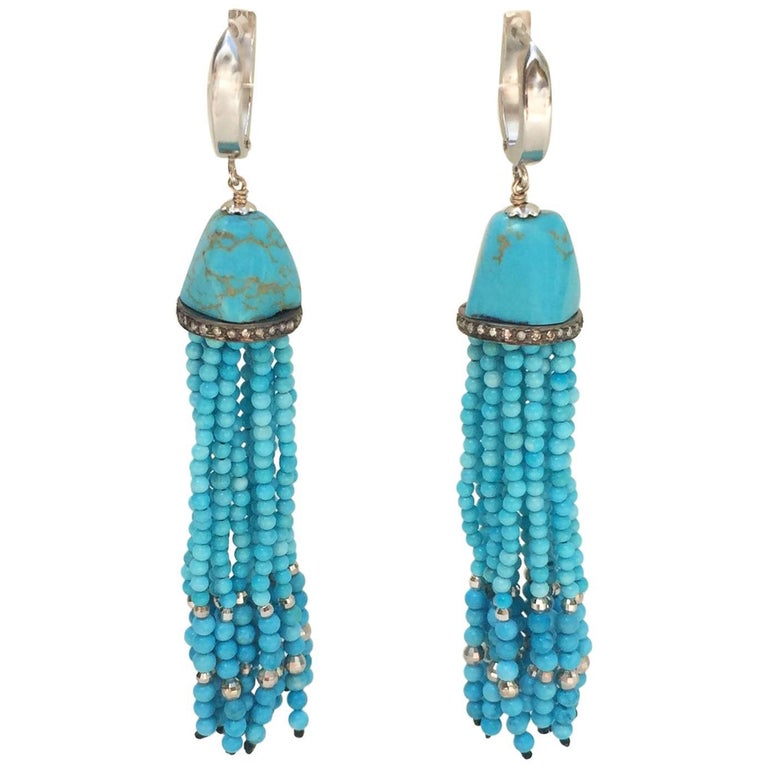 by Marina J Turquoise beads Tassel Earrings with 14 K White Gold Lever