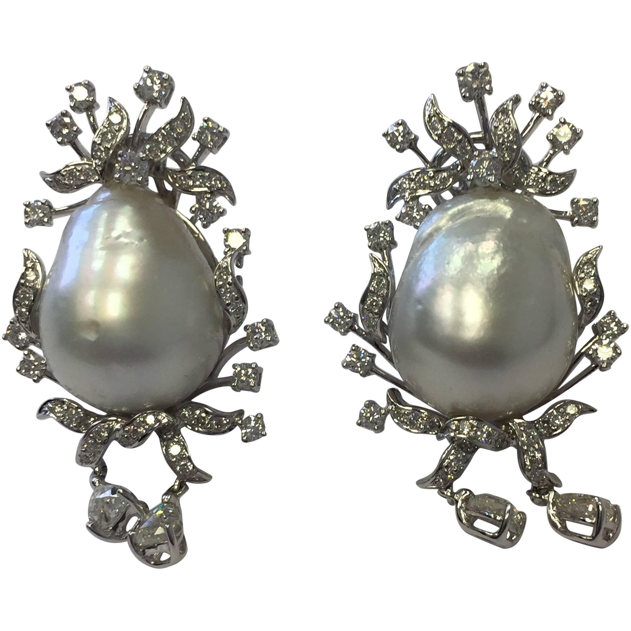 Estate South Sea White Baroque Pearl and Diamond Dangle Earrings in 18 Karat