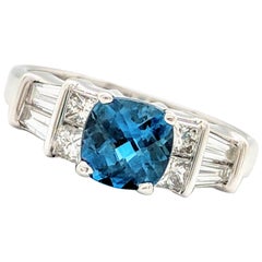 18 Karat White Gold .75 Carat Cushion Cut London Blue Topaz and Diamond Ring