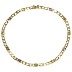 Multi-Color Gemstone Yellow Gold Curb Chain Necklace