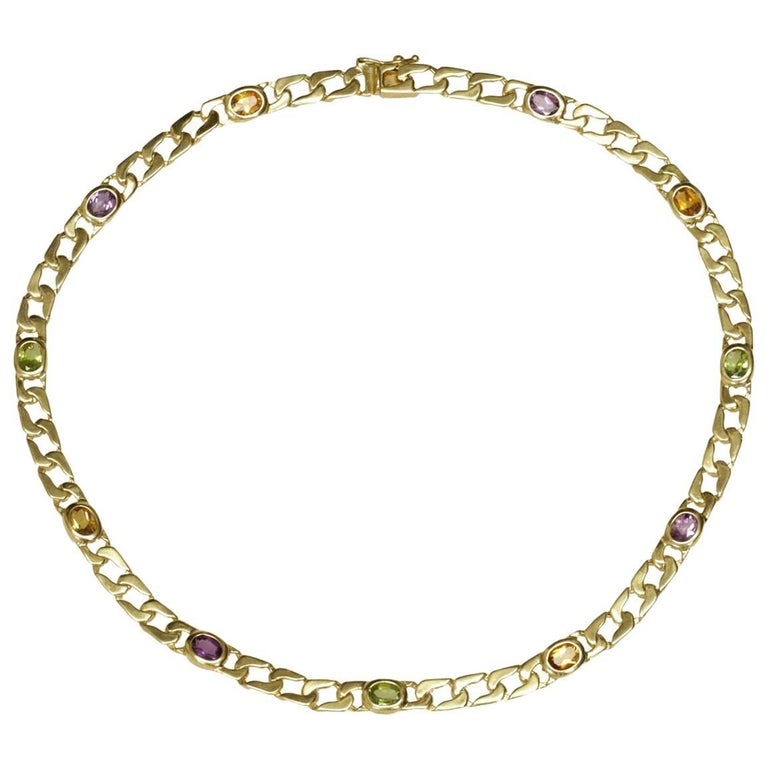 MultiColor Gemstone Yellow Gold Curb Chain Necklace For Sale at 1stDibs
