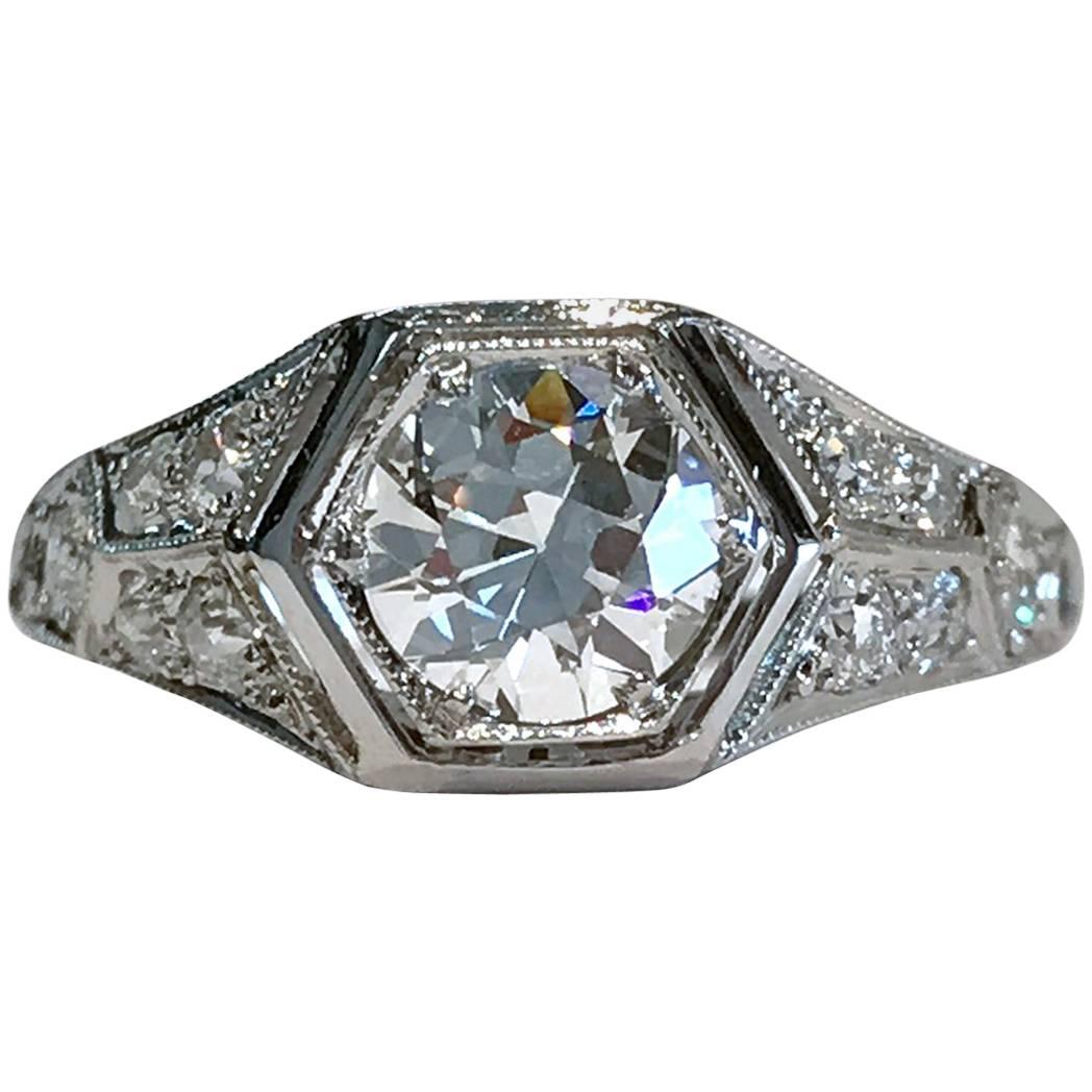 Art Deco Platinum Diamond Ring - Hexagon Setting