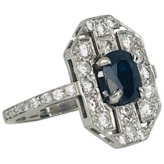 Art Deco Oval Blue Stone and Diamond Pave White Gold, Shield Ring
