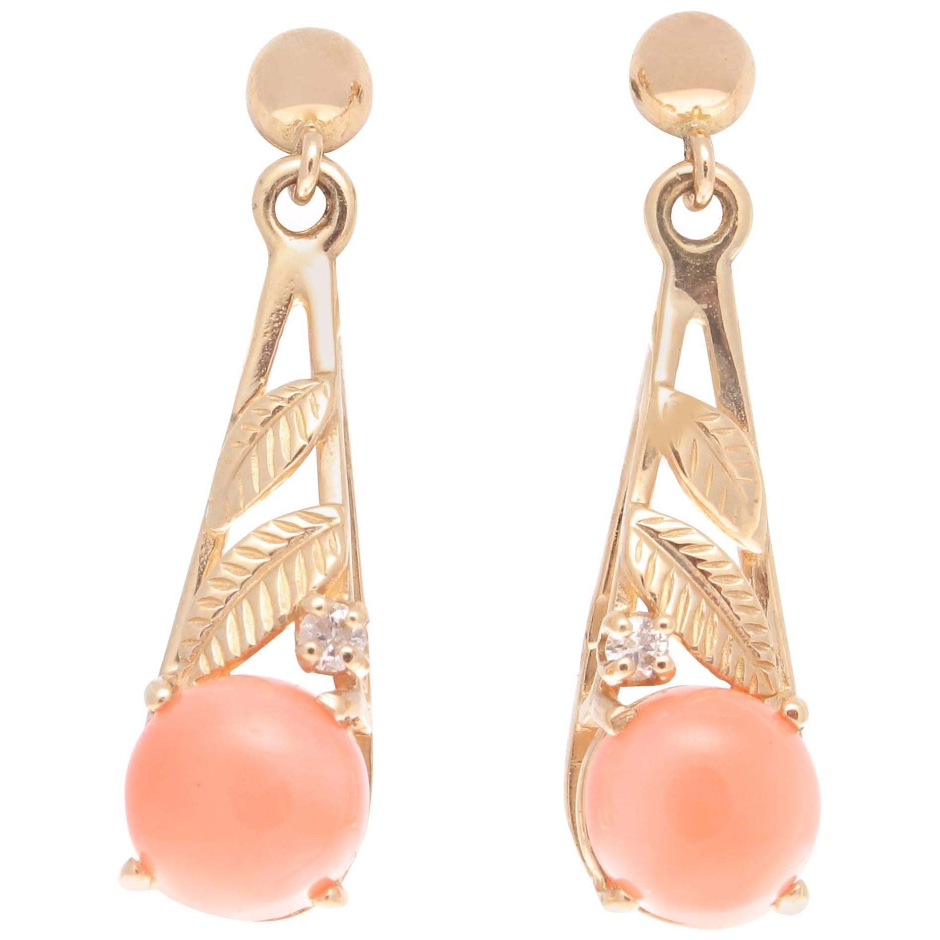 Coral Diamond Gold Drop Earrings