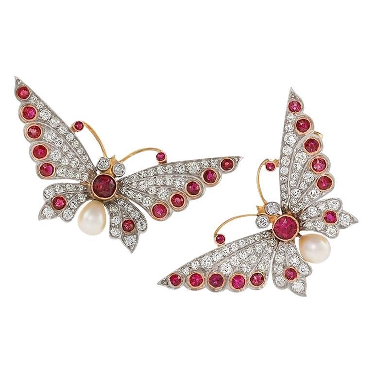 Pair of 1910s Diamond Ruby Pearl Platinum and Gold Butterfly Brooches