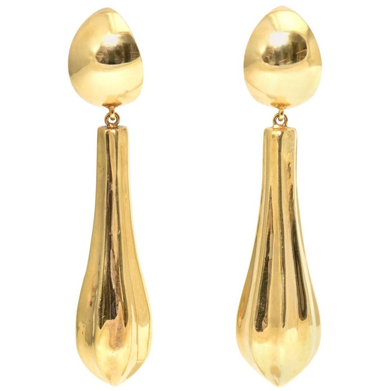Very Long Dangling Tear Drop Gold Earrings For At 1stdibs Very Long Dangling Tear Drop Gold Earrings For
