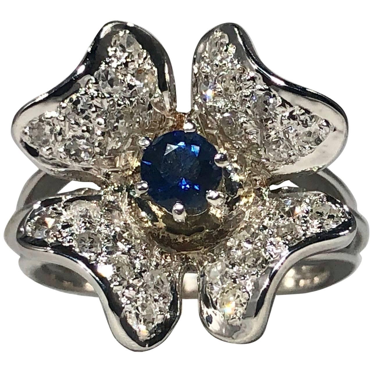 Vintage 1970s 14 Karat Sapphire and Diamond Flower Cocktail Ring For Sale