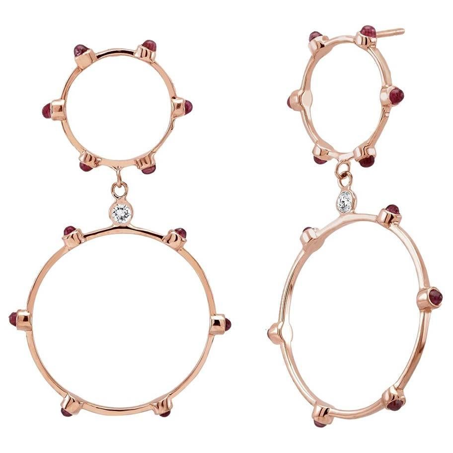 Rose Gold Large Circle Earrings Cabochon Ruby Diamond Accents