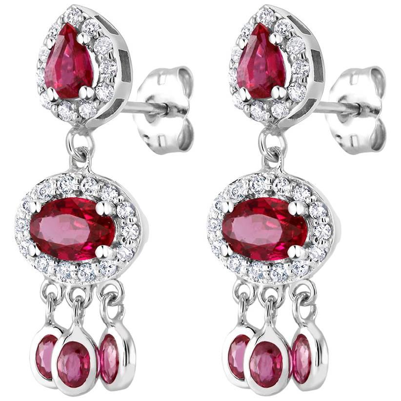 18k White Gold Ruby Halo Diamond Cluster Dangle Drop Earrings 