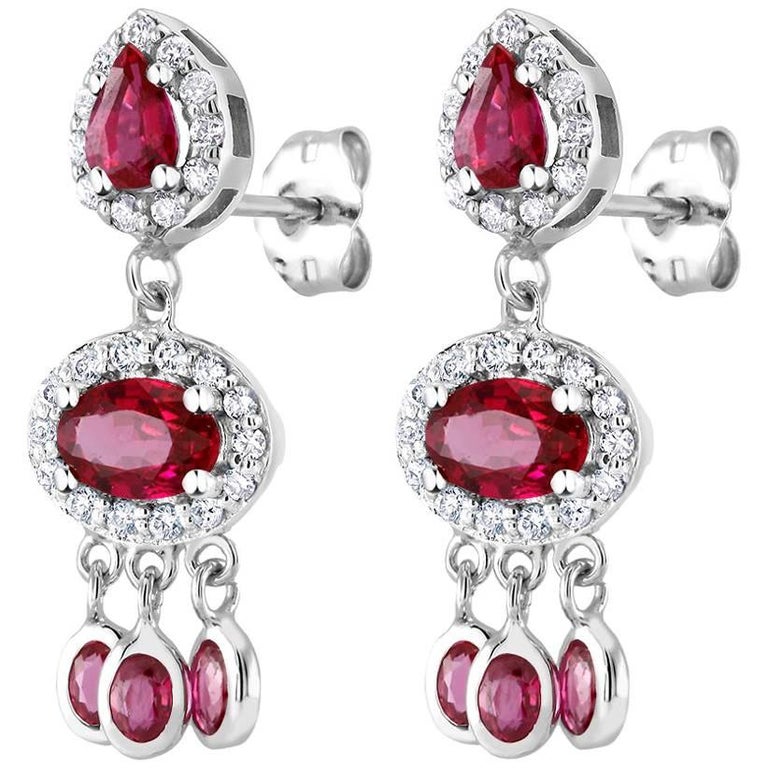 18k White Gold Ruby Halo Diamond Cluster Dangle Drop Earrings at 1stDibs