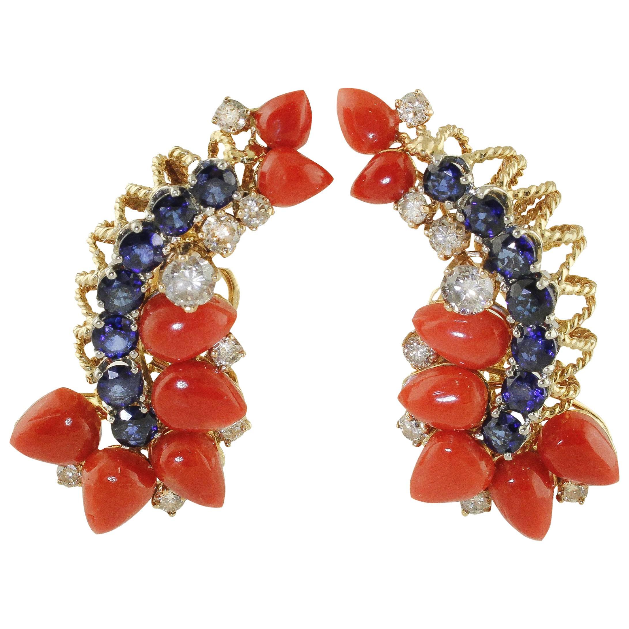 Blue Sapphires, White Diamonds, Red Coral Drops, Rose White Gold Clip-on Earrings