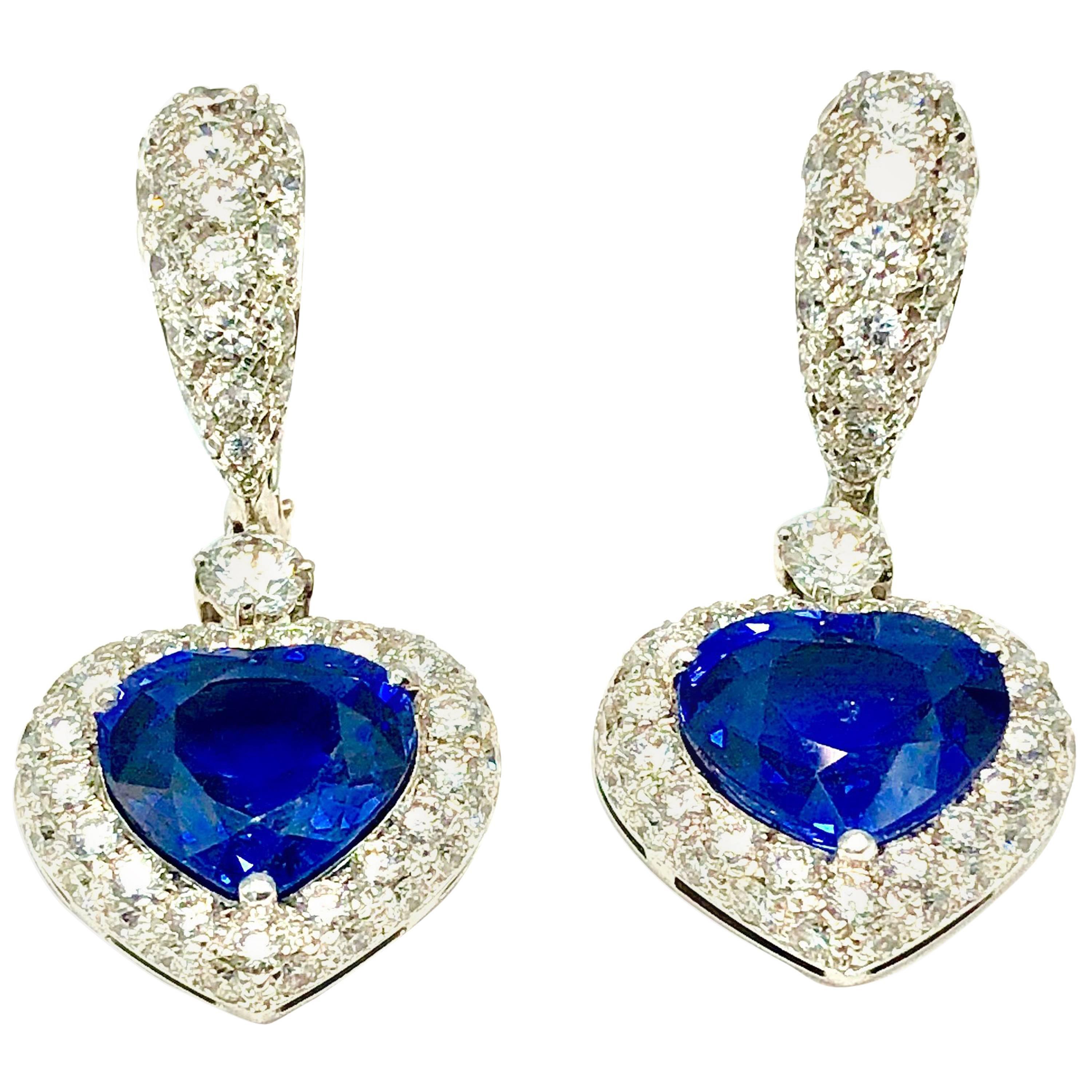 Heart Shape Natural Sapphire and Diamond Earrings For Sale