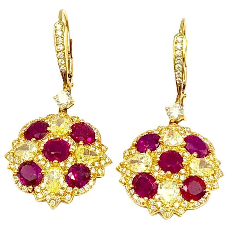 Burma Ruby and Fancy Yellow Diamond Earrings For Sale