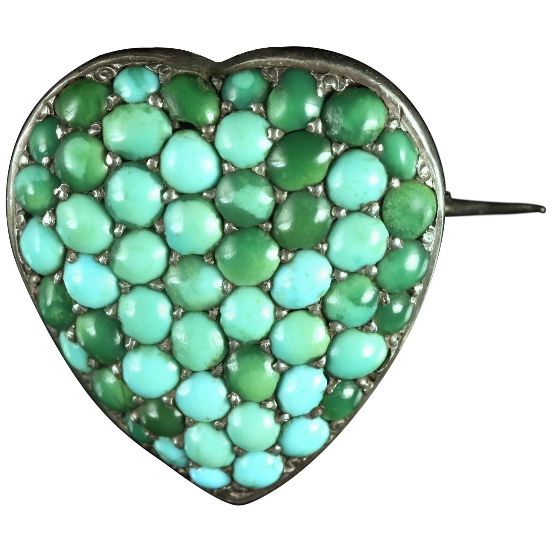 Antique Victorian Turquoise Heart Locket Silver Brooch, circa 1900 For Sale