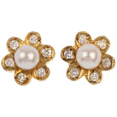 Vintage 1980s 9 Carat Yellow Gold Cultured Pearl and Diamond Stud Earrings