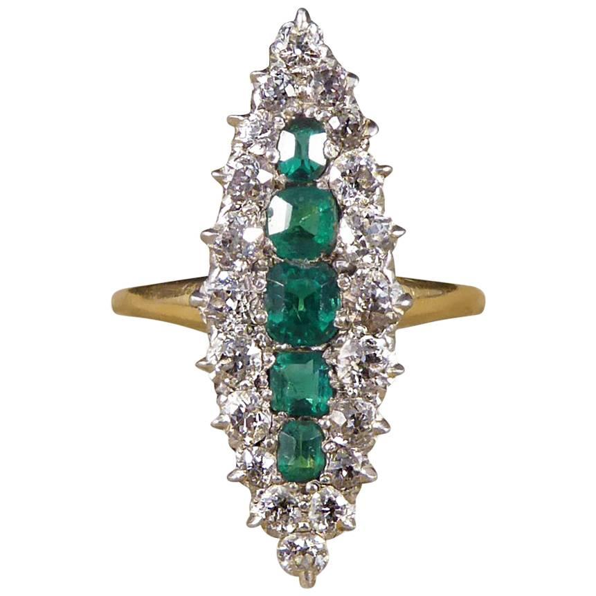 Late Victorian Emerald and Diamond Cluster Marquise Ring in 18 Carat Gold