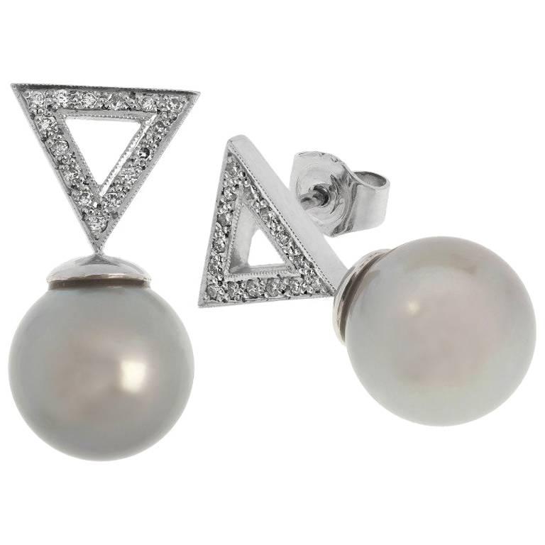 18 Carat White Gold Tahitian Pearl and Diamond Drop Earrings For Sale