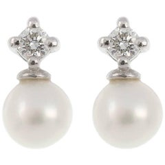 9 Carat White Gold Cultured Pearl and Diamond Earrings