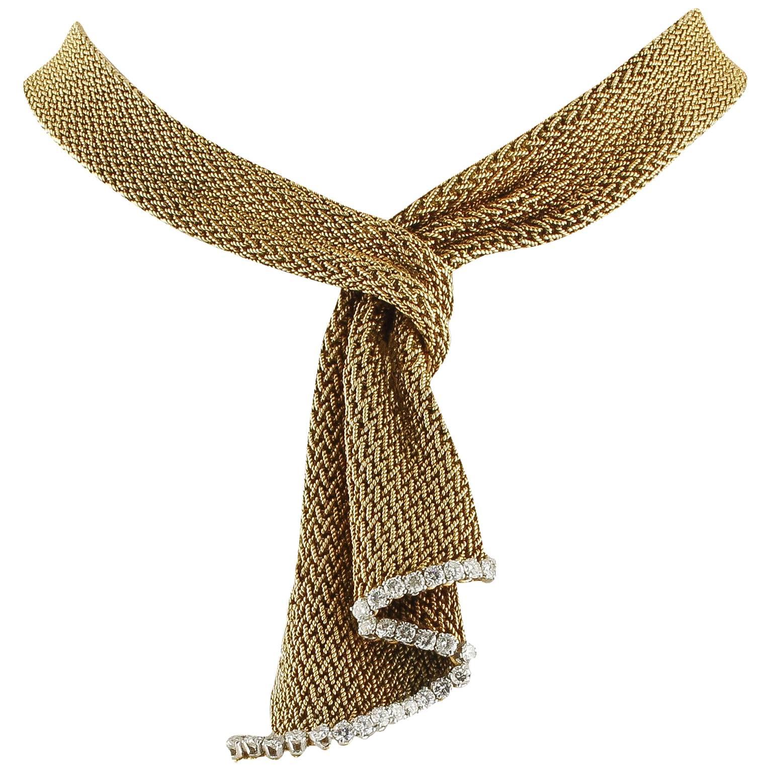 French Diamond Gold Mesh Scarf Necklace