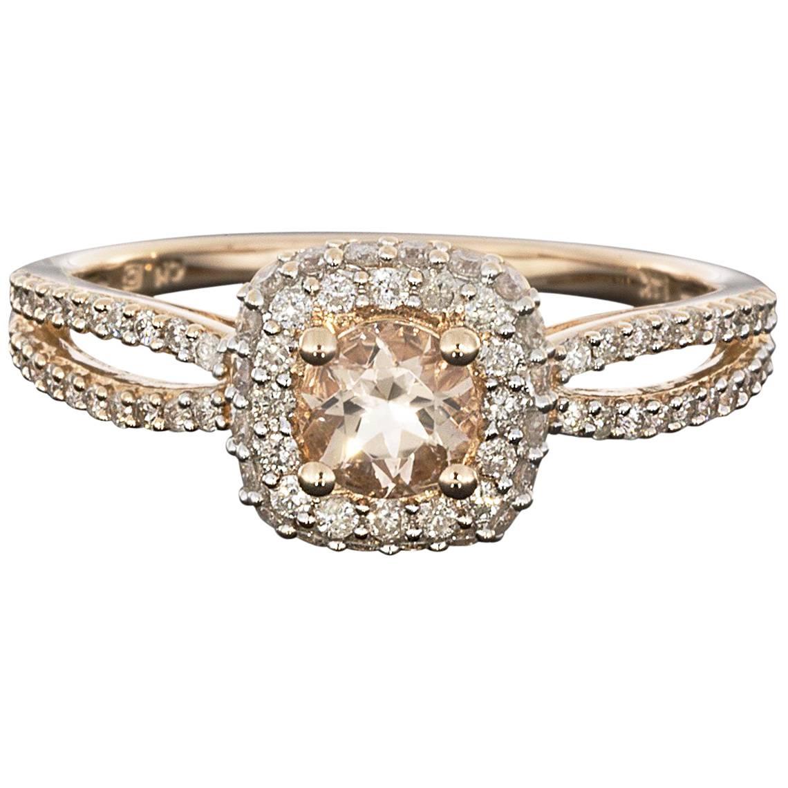 Rose Gold Morganite and Diamond Cushion Shaped Halo Engagement Ring